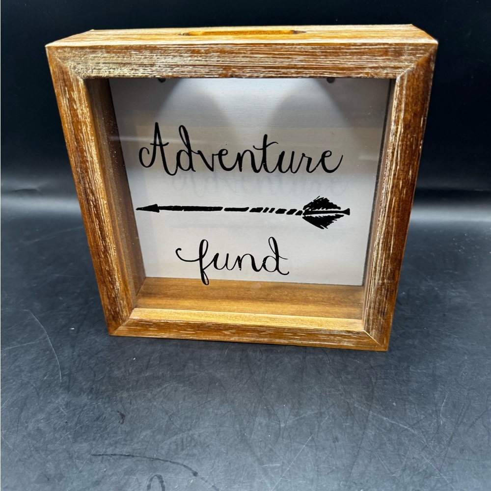 Hobby Lobby Square WOODEN Glass Front Money Savings Bank OUR ADVENTURE FUND